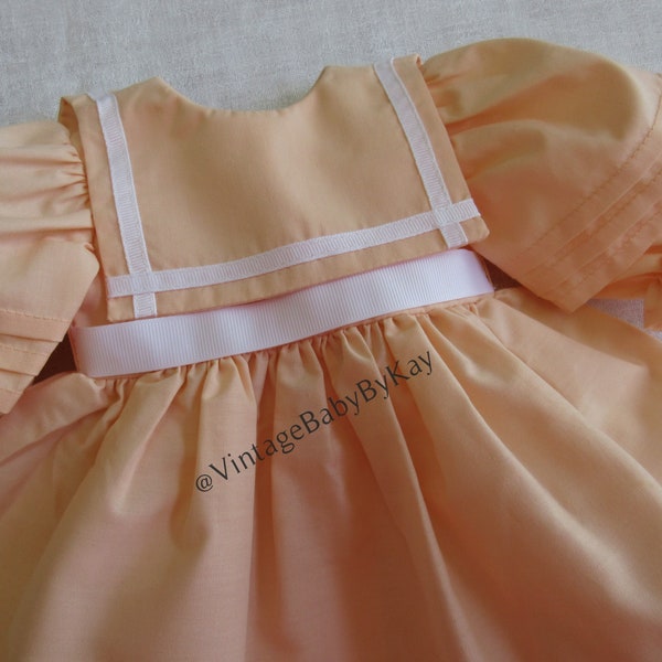 Doll Dress for 18" Dolls Like American Girl, Vintage Dressy Dress Peach Color with White Ribbon Trim, Long Sleeve, Tucks and Square Collar