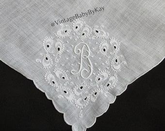 B Monogram Hanky Vintage White Embroidery Cutwork on White Linen, Wedding Handkerchief Something Old, Personalized Gift Hankie Initial B
