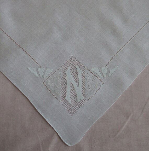 N Monogram Vintage White Linen Hanky White Embroi… - image 3