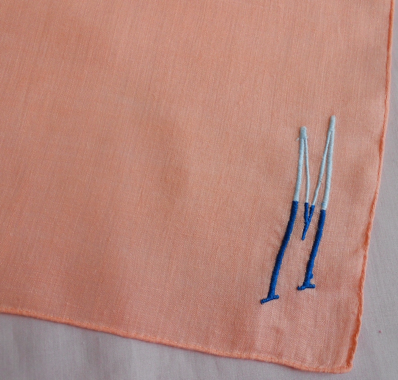 Gift Letter M Mother/'s Day M Monogram Vintage Peach Linen Hanky w 2-Tone Blue Embroidery Wedding Handkerchief Something Old Bridesmaid