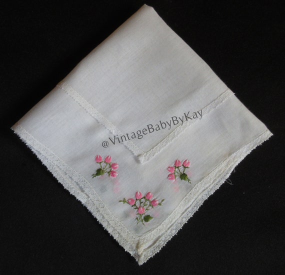 Lace Trimmed White Cotton Hanky with Pink Roses, D