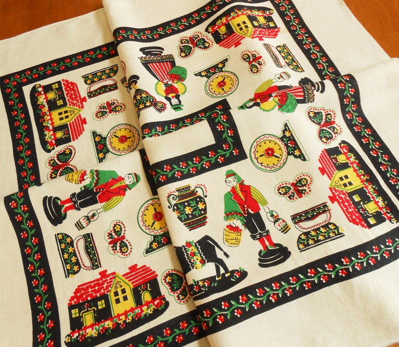 SALE French Country Print Tablecloth on Linen, 50 Square, Folk Art