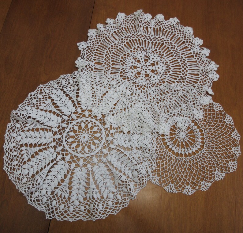 Large White Lace Doily Lot of 3, Round Shapes 14.518.5, Vintage Lacy Centerpiece Table Linens, Mix and Match Decor Party Wedding image 2