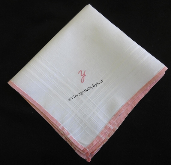 Y Monogram Hanky Vintage Pink Embroidery on White Linen Wedding Handkerchief Something Old, Gift Letter Y