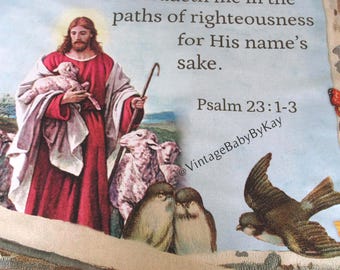 Psalm 23 Cotton Fabric Panel, The Lord is My Shepherd, Jesus Theme Wall Hanging or Quilt, Bible Religious Art