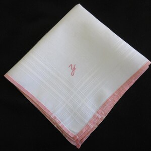 Y Monogram Hanky Vintage Pink Embroidery on White Linen Wedding Handkerchief Something Old, Gift Letter Y image 2