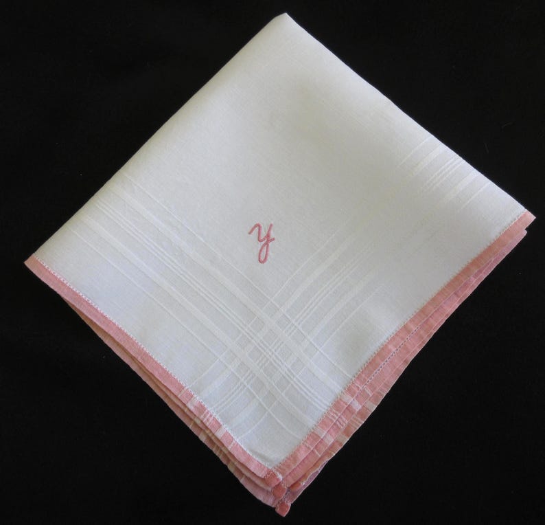 Y Monogram Hanky Vintage Pink Embroidery on White Linen Wedding Handkerchief Something Old, Gift Letter Y image 2