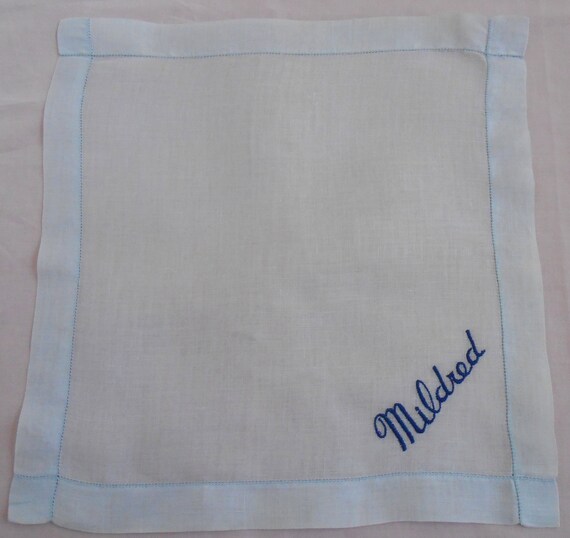 Mildred Monogram Vintage Hanky Blue Linen with Ro… - image 3