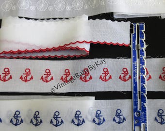 Swiss Embroidery Insertion Anchors Red or Blue, Heirloom Sewing Supply Imported Trim, Bicycles and Scallops Sold Out