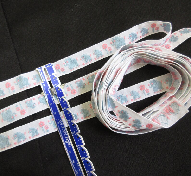 Pink Elephant Ribbon Elephant Ribbon Blue and Pink Woven Jacquard Ribbon Trim, Vintage ...