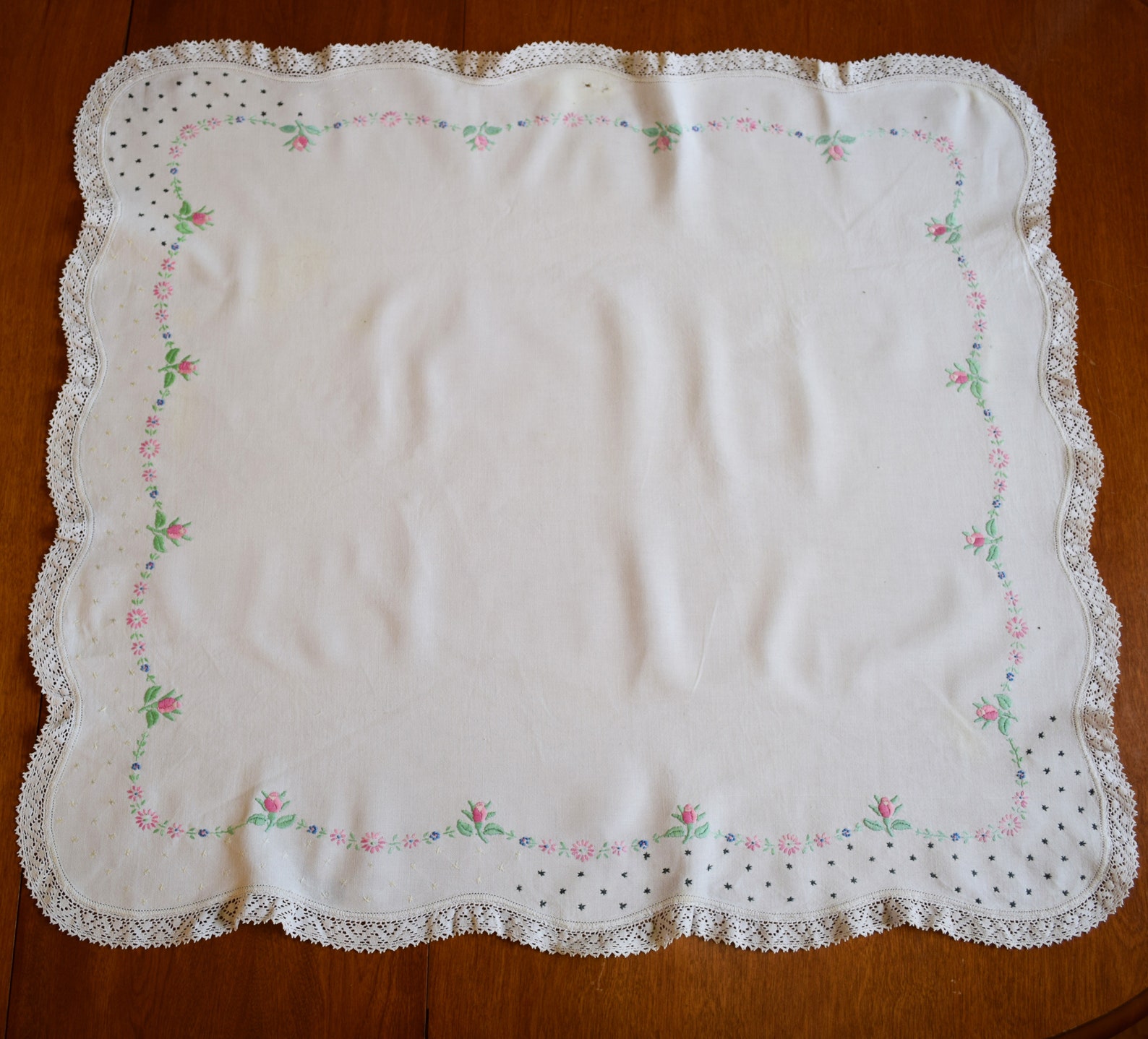 Hand Embroidered Cotton Tablecloth Flower Border Blue Pink Etsy