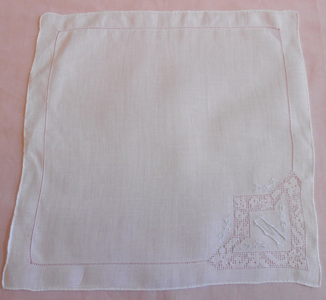 M Monogram Vintage Linen Hanky White on White Embroidery W - Etsy