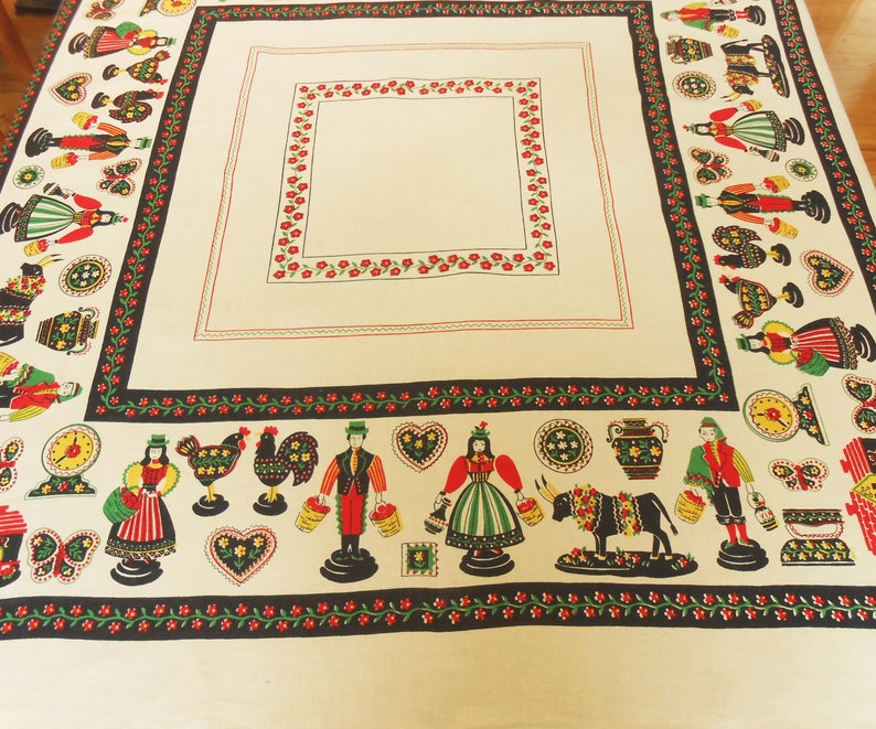 SALE French Country Print Tablecloth on Linen, 50 Square, Folk Art