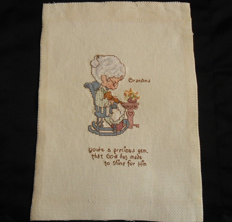 Grandmother Gift Mother/'s Day Grandma Cross Stitch Sampler Vtg Hand Embroidery Blue Brown White on Ivory Aida 8.75 x 12 Ready to Frame