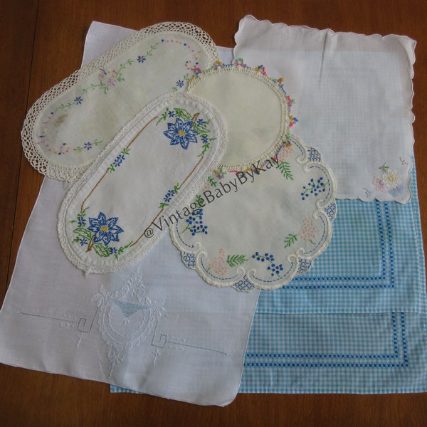 Blue Details 8 Cutter Linens Crochet Embroidery Napkins Doilies Tea Towel, 8 Pastel Vintage Table Linens with Flaws, Upcycle DIY Crafts