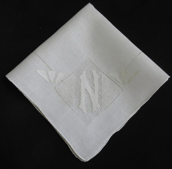 N Monogram Vintage White Linen Hanky White Embroi… - image 5