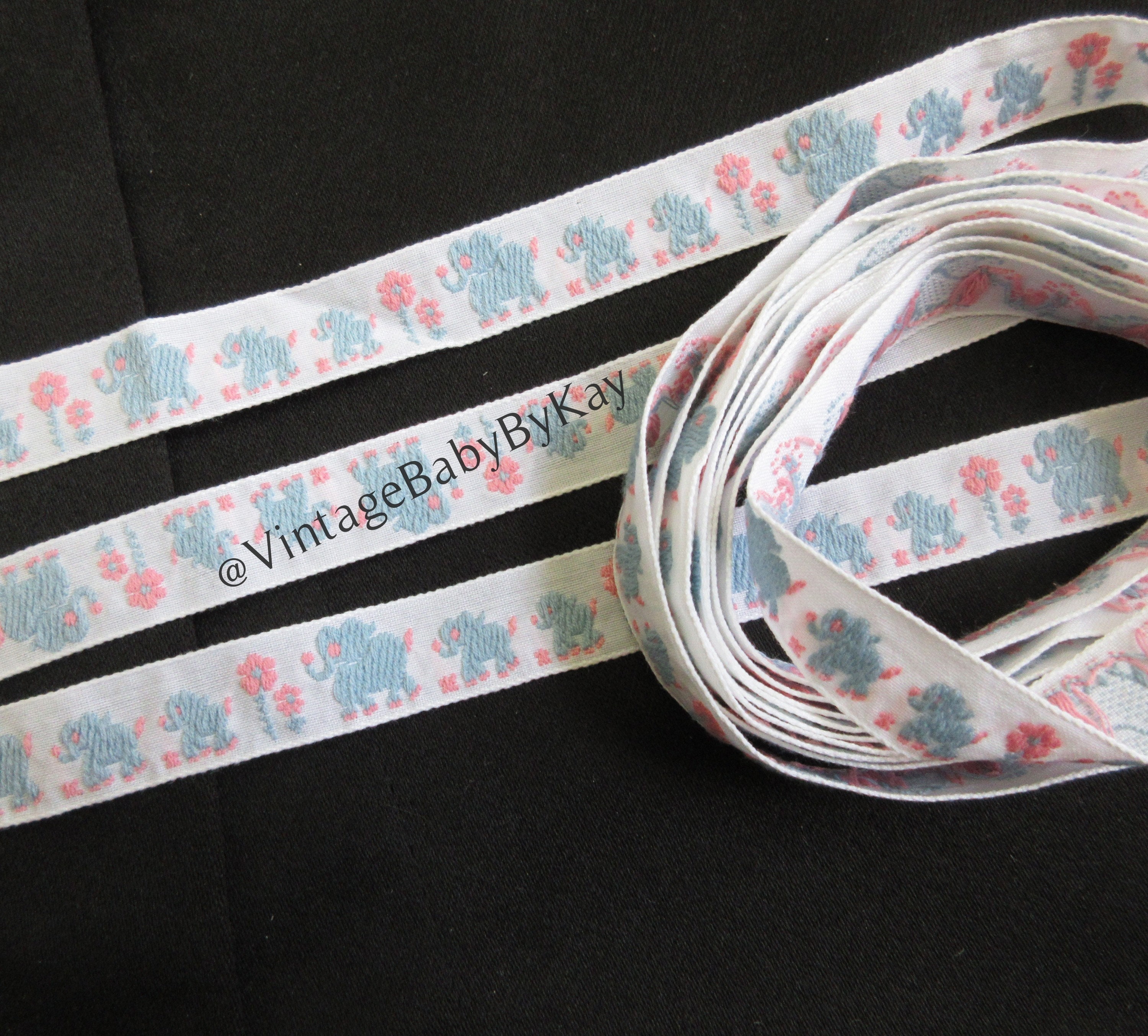 Pink Elephant Ribbon Elephant Ribbon Blue and Pink Woven Jacquard Ribbon Trim, Vintage ...