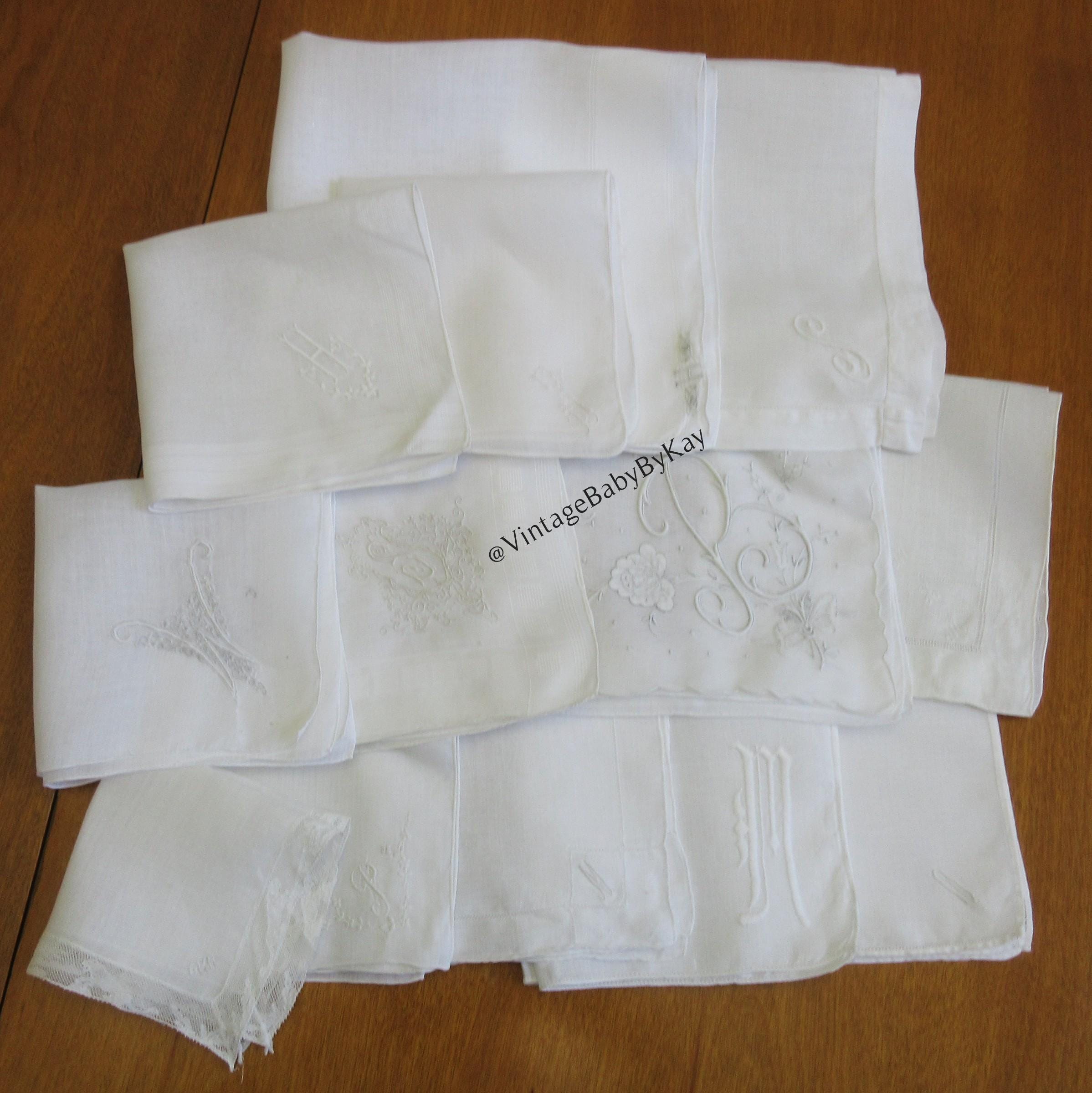 13 Monogram Hanky Cutters All White Embroidery Lace Hemstitching, Vintage Hankies with Flaws for Crafts DIY Upcycle