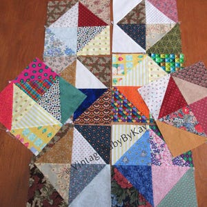 Scrappy Quilt Blocks Lot of 8 Raw Edge Half-Square Triangle Design approx 10.5" Retro Americana Patchwork to Upcycle