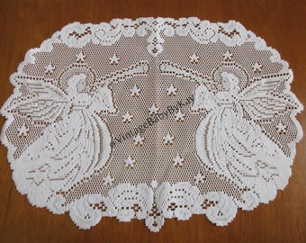 Lace Table Topper with Angels, White Centerpiece Heritage Style Lace, Placemat Size 15" x 21" Christmas Linens