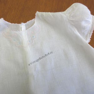 Vintage White Baby Dress with Light Pink and Blue Embroidery, Tucks and Scallops, All Cotton Button Back Day Dress, Infant Short Dress