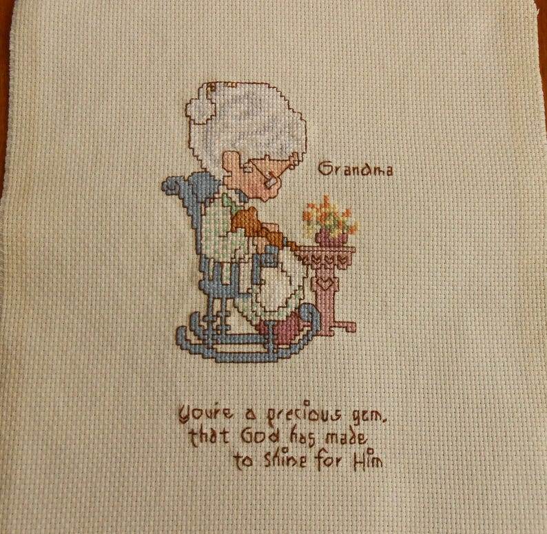 Grandmother Gift Mother/'s Day Grandma Cross Stitch Sampler Vtg Hand Embroidery Blue Brown White on Ivory Aida 8.75 x 12 Ready to Frame