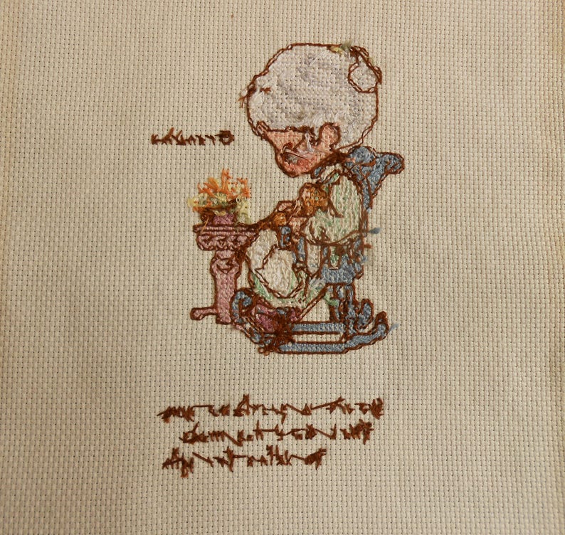 Grandmother Gift Mother/'s Day Grandma Cross Stitch Sampler Vtg Hand Embroidery Blue Brown White on Ivory Aida 8.75 x 12 Ready to Frame