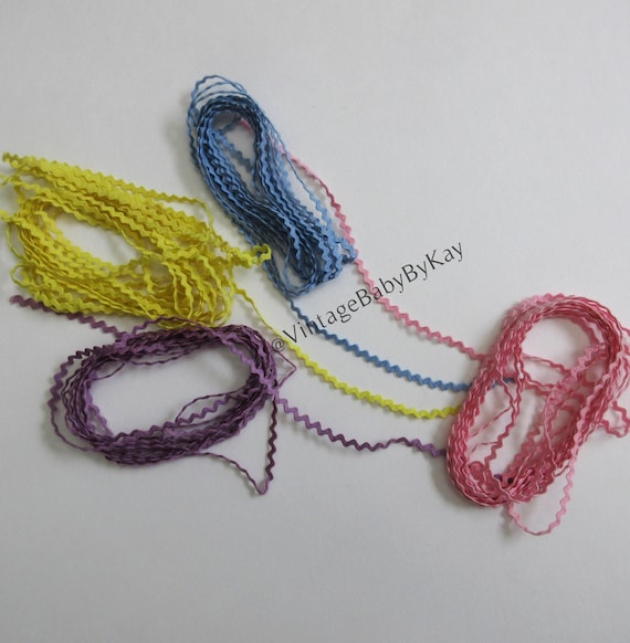 Baby Rick Rack, Vintage All Cotton Lot of 4 Colors Blue Pink Yellow Lavender, Sewing Supply Tiny Trim 3/16"