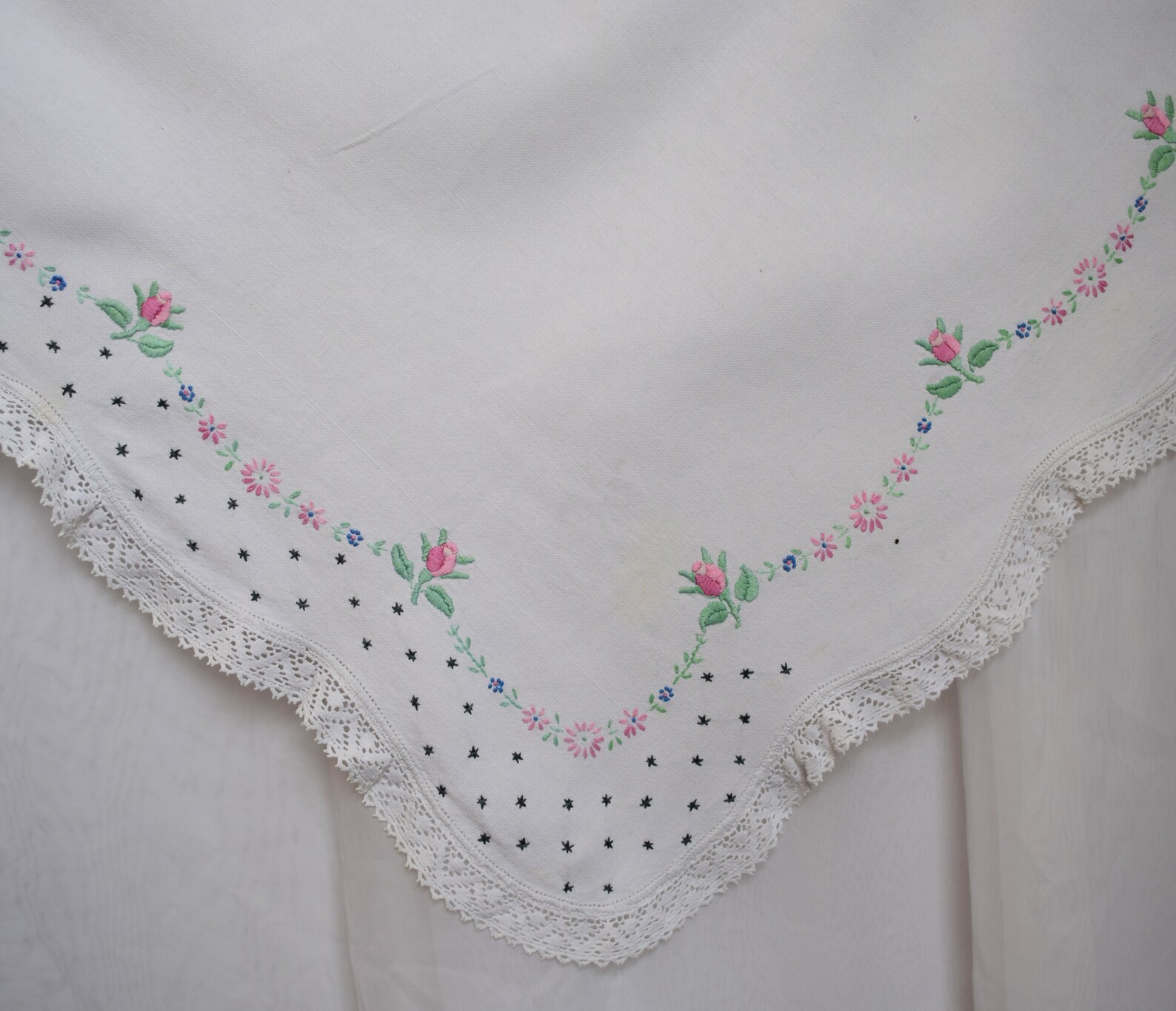 Hand Embroidered Cotton Tablecloth Flower Border Blue Pink Etsy