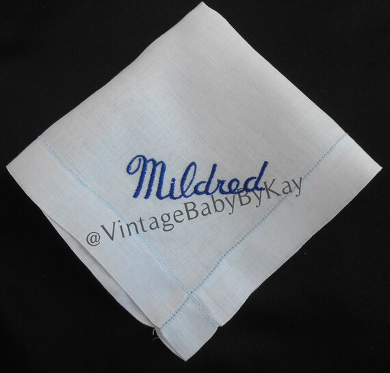 Mildred Monogram Vintage Hanky Blue Linen with Ro… - image 1