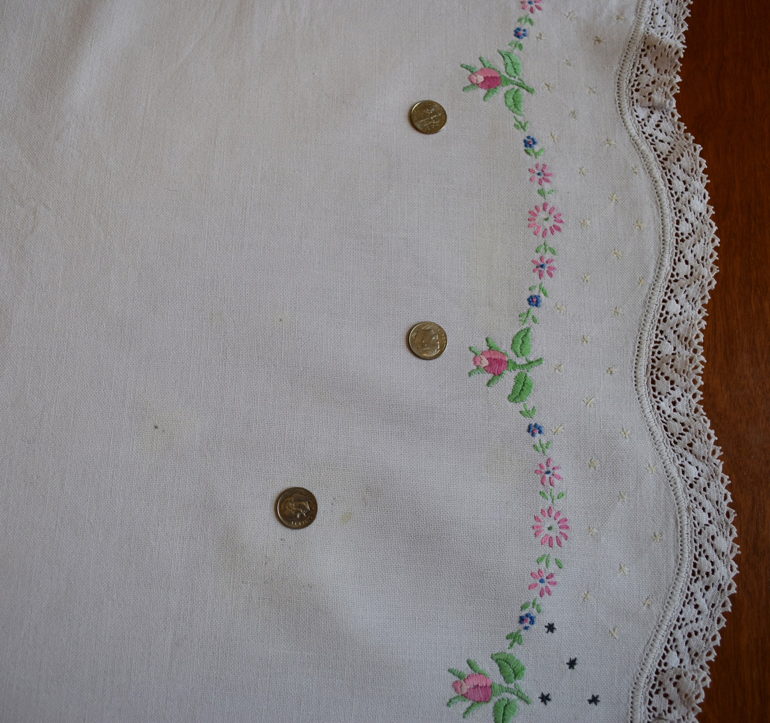 Hand Embroidered Cotton Tablecloth Flower Border Blue Pink Etsy
