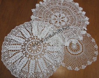 Large White Lace Doily Lot of 3, Round Shapes 14.5"-18.5", Vintage Lacy Centerpiece Table Linens, Mix and Match Decor Party Wedding