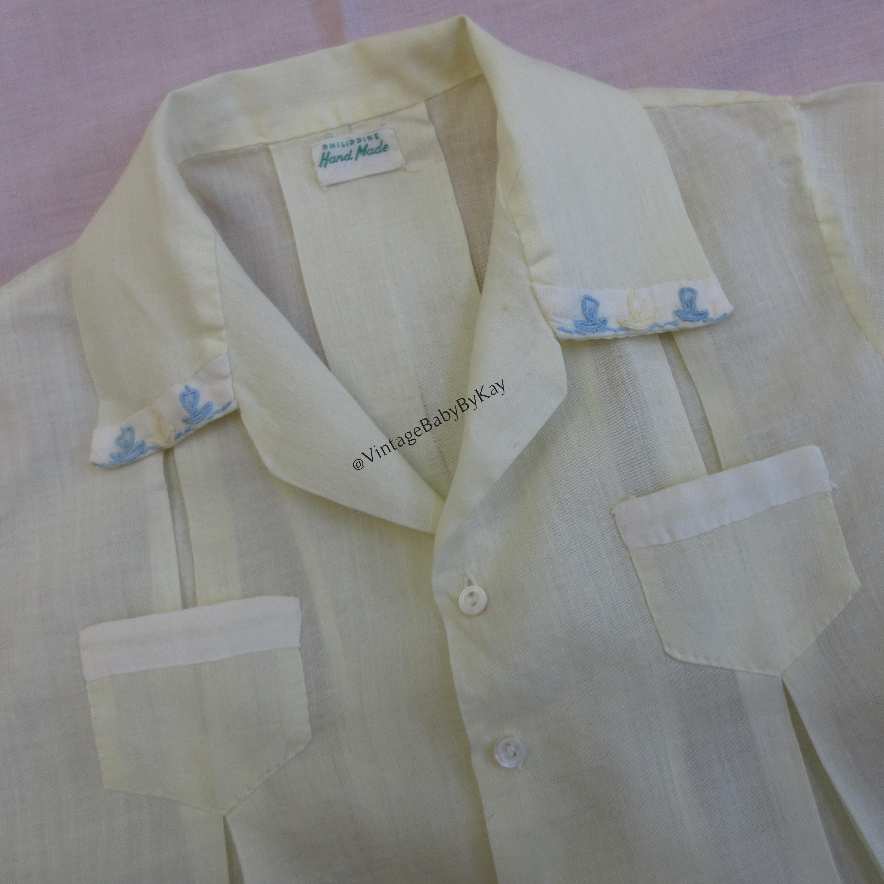 Baby Diaper Shirt, Pale Yellow Cotton Batiste with Sailboat Embroidery, Straight Sleeve, Cute Pockets, Pearl Buttons