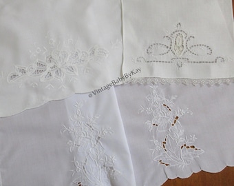 White Cotton Tea Towels Lot of 4 with Cutwork Embroidery, Lace, Battenburg Trim, Vintage Kitchen