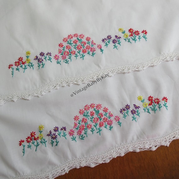 Pillowcase Pair Vintage Hand Embroidered Colorful Floral, Hand Crochet Lace Trim, White Cotton Blend Fabric