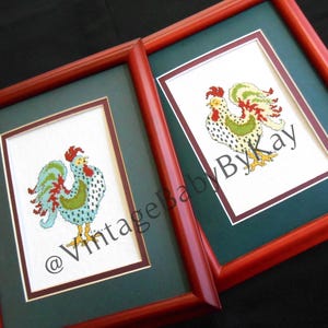 Rooster Chicken Pair Framed Cross Stitch Finished Vintage Hand Embroidery Double Matted, Cream Aida Cloth w Blue Green Red Design, Signed