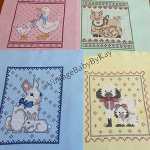 Farm Animal Cross Stitch Embroidery Samplers for Quilt or Framing, Pig Bunny Duck Sheep, Hand Embroidery on Aida abt 7" x 9"