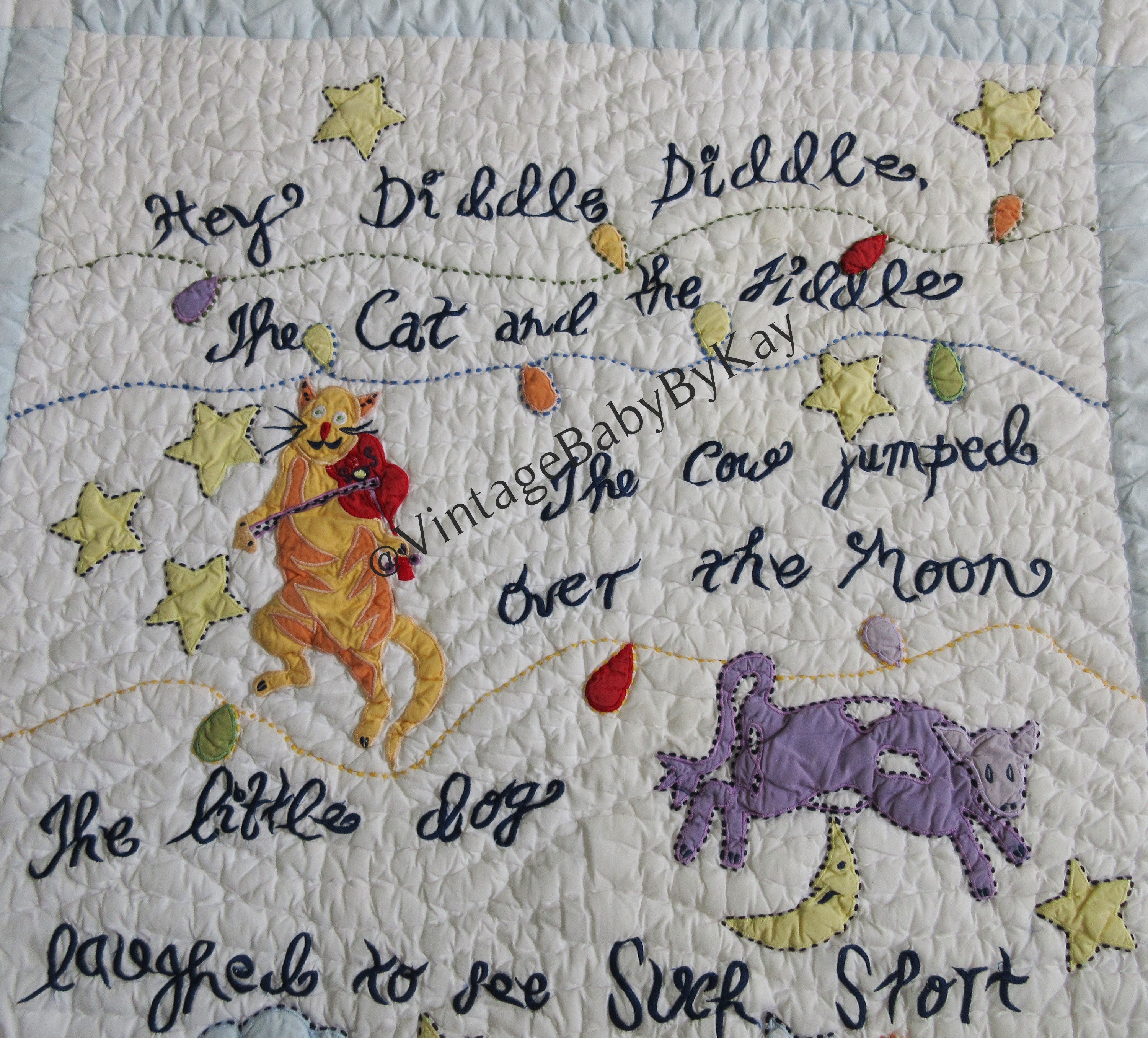 Pottery Barn Kids Crib Quilt Nursery Rhyme Theme Hey Diddle Diddle Cat and the Fiddle Colorful Machine Applique and Embroidery 36 X 49 Etsy