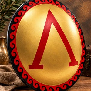 Pode incluir: Um escudo circular com acabamento dourado metálico e uma grande letra grega Lambda vermelha em destaque no centro. A borda externa é decorada com um padrão repetitivo de ondas em preto e vermelho, criando um contraste marcante.