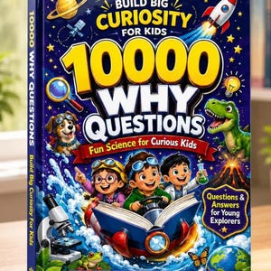 May include: A hardcover book titled 10000 Why Questions: Build Big Curiosity for Kids. The dark blue cover features illustrations of a rocket, a planet, a dinosaur, a microscope, and three children in a book-shaped vehicle, with text about science.