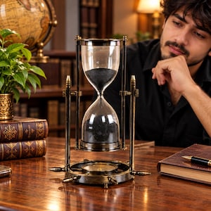 Könnte beinhalten: Eine Sanduhr im Vintage-Stil mit einem messingfarbenen Metallrahmen und einem Sockel in Form eines Schiffssteuerrads. Die Glaskolben enthalten schwarzen Sand und das Wort "Craple" ist auf dem oberen Glasteil aufgedruckt. Zwei vertikale Säulen stützen das Gestell.
