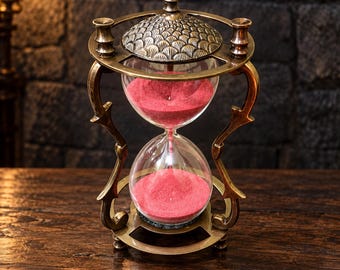 Antique Brass 3-Minute Sand Timer, Pink Sand Hourglass, Vintage Desk Decor