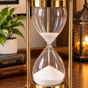 May include: An hourglass with a polished gold metal frame and clear glass bulbs containing white sand. The structure features four vertical support pillars, a circular base, and a top cap with a decorative black and gold circular pattern.