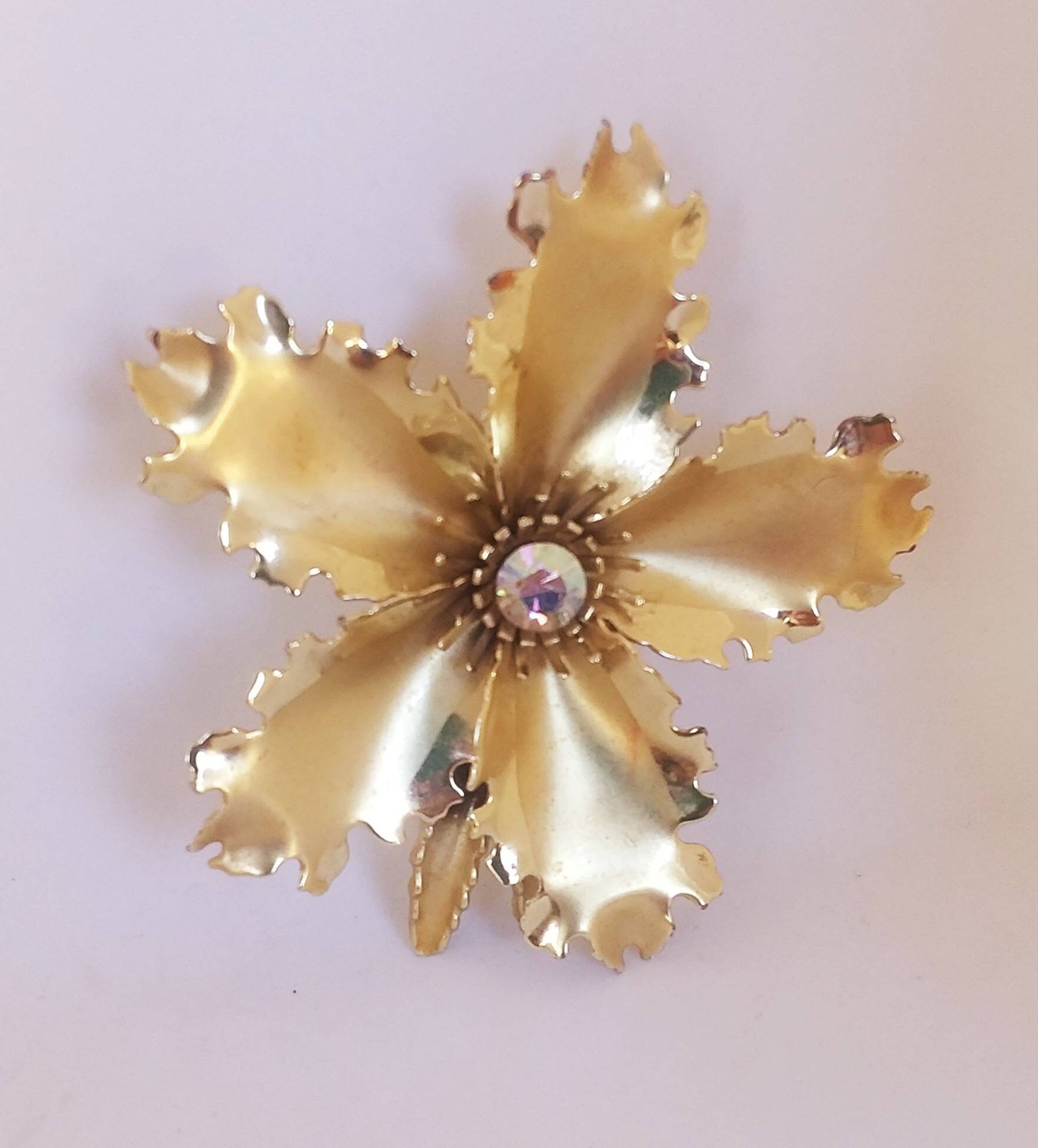Flower Metal Brooch/pin With Foil Back Jewel in the Center Etsy