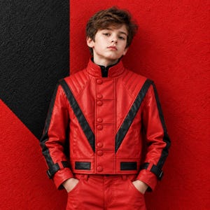 May include: A vibrant red leather jacket featuring bold black V-shaped panels across the chest and shoulders, a high collar, a central row of matching red buttons, and black buckled straps at the cuffs, paired with matching red leather trousers.