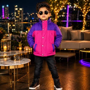 May include: A color-blocked puffer jacket featuring a bright pink torso and purple sleeves, shoulders, and collar. The jacket has a central vertical row of silver snap buttons, long sleeves with ribbed cuffs, and two side pockets. It is worn with black jeans.