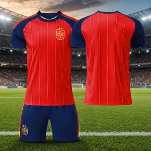 May include: A red and navy blue football kit comprising a short-sleeved shirt and matching shorts. The shirt features thin vertical yellow pinstripes and the Spanish national team crest on the chest. The shorts also display the team crest on the leg.