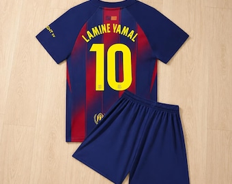 Barcelona Lamine Yamal #10 Kids 2‑Piece Soccer Kit, Non‑Branded Toddler Youth Football Uniform, Football Fan Gift Sizes 16‑30