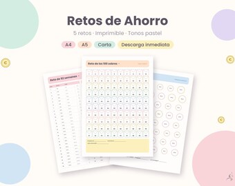 Retos de Ahorro Imprimibles, Reto 52 Semanas, Reto 100 Sobres, Mes sin Gastos, Reto 1000 , Plantilla de Ahorro A4 A5 PDF