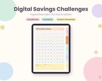 Digital Savings Challenges for iPad, 52 Week Challenge, 100 Envelope, No Spend, 1000 Tracker, GoodNotes Hyperlinked Planner